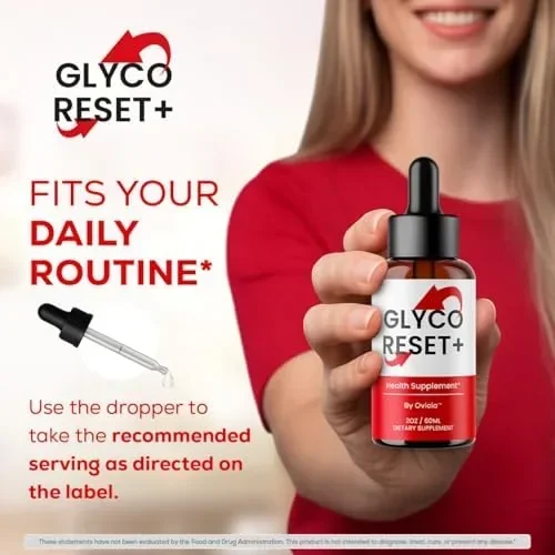 A woman holding a Glyco Reset bottle beside a dropper