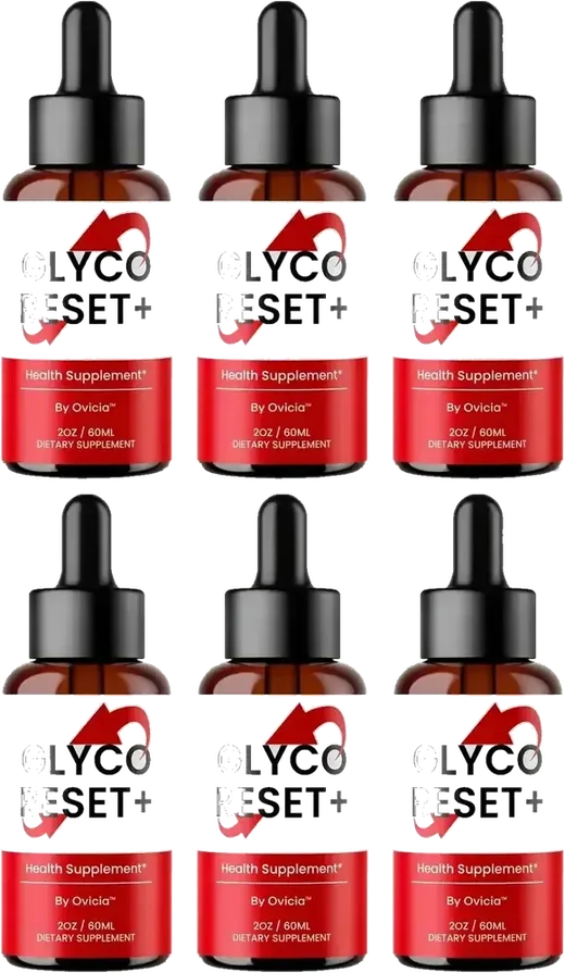Six Glyco Reset bottles in a tall render